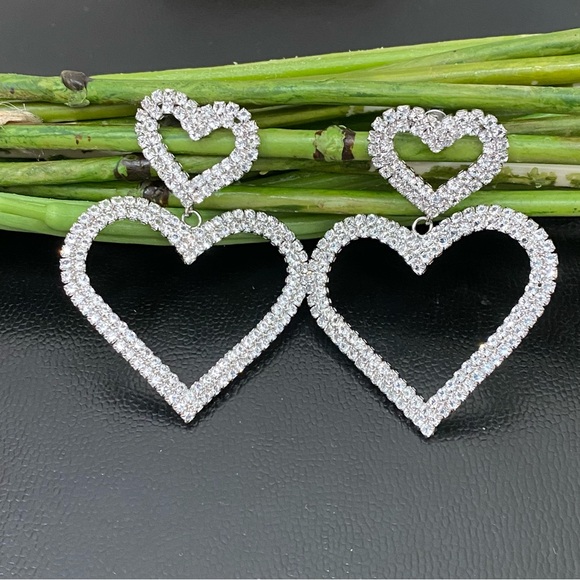 Unsigned Silver-tone Open Heart Pave Clear Rhinestones Hearts Drop Earrings 12g. - Picture 1 of 12